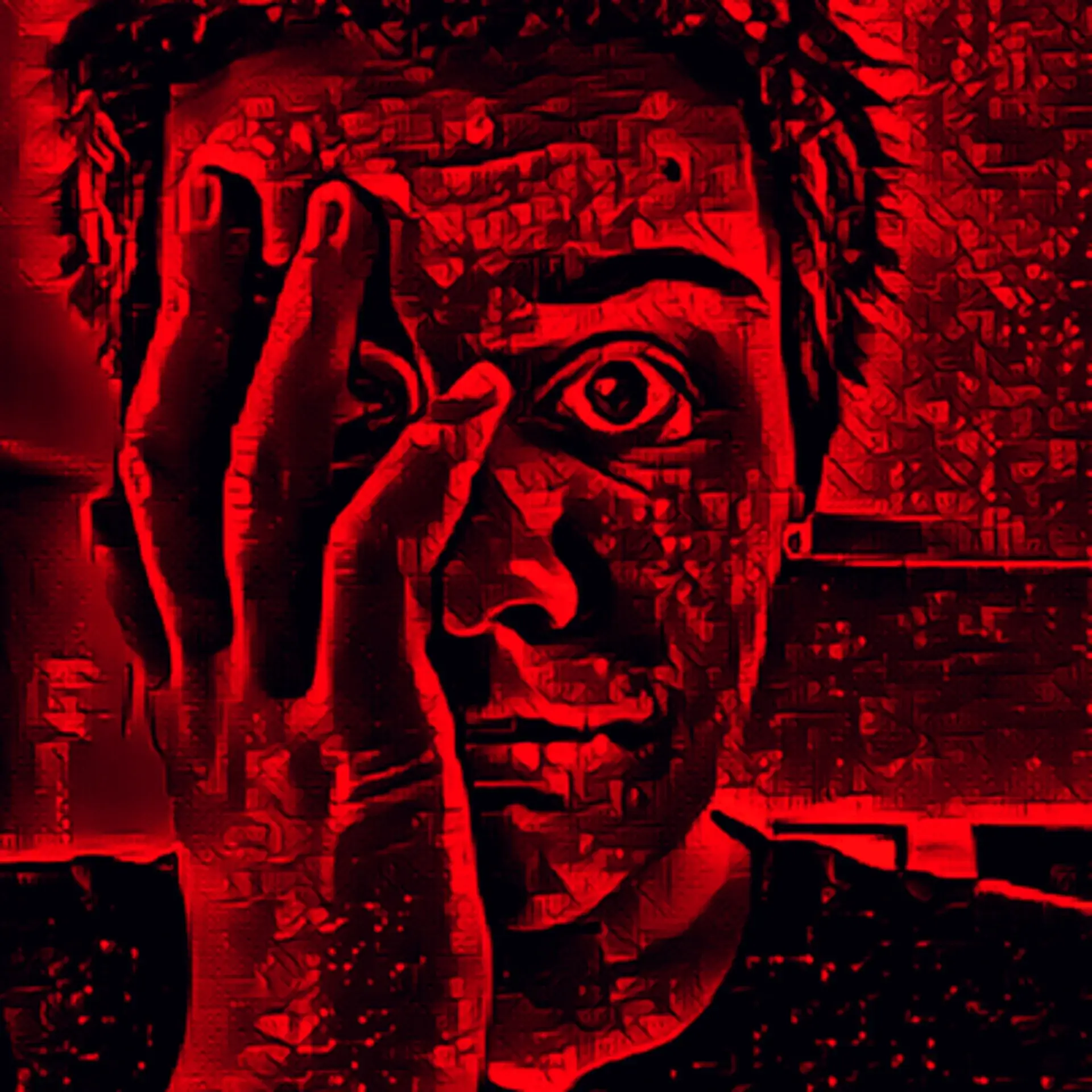 Un jeune homme dont la main est placée devant le visage sur un fond ronge